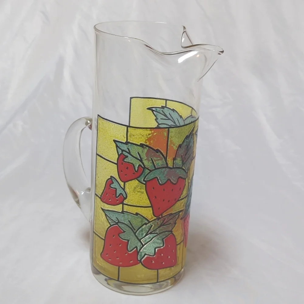 West Virginia Strawberry Stained Glass MCM Drink Cocktail Pitcher Applied Handle